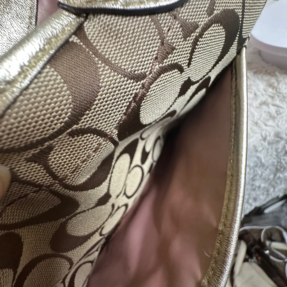 Coach Brown Signature Tote with Metallic Floral Appliqués - Picture 7 of 13